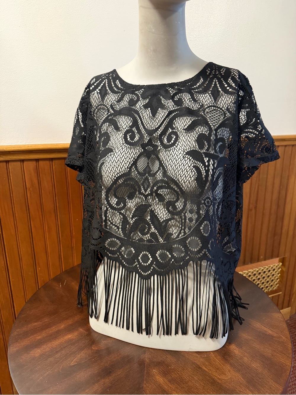 Edikted Kira Sheer Lace Fringe Trim Crop Tee